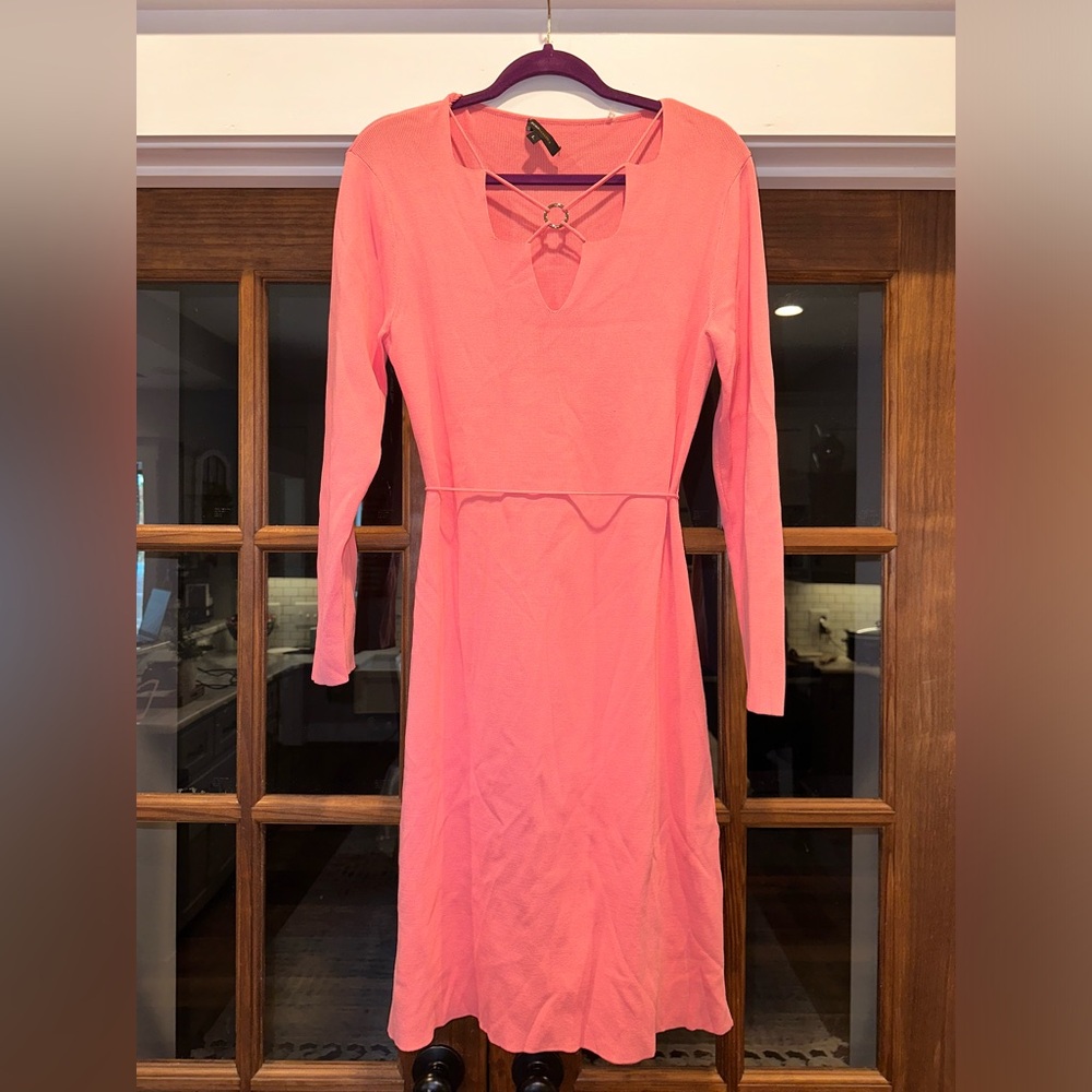EUC BCBGMAXAZRIA Peachy Pink Sweater Dress Cutout Neck Detail w/ Tie at Waist - Picture 3 of 14